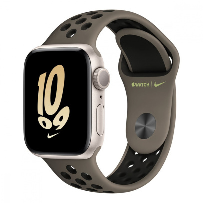 Apple Watch Nike SE (2022), 40 мм корпус из алюминия цвета «Starlight», ремешок Nike Sport Band размера M/L цвета «Olive Grey/Black»