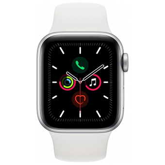 Apple Watch Series 5, 44 мм, корпус из алюминия серебристого цвета, спортивный ремешок белого цвета
