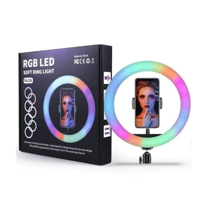 Кольцевая селфи-лампа RGB LED мультиколор, 26см с держателем для смартфона (MJ26)