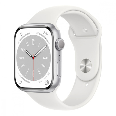 Apple Watch Series 8, 45 мм корпус из алюминия цвета «Silver», ремешок Sport Band размера M/L цвета «White»