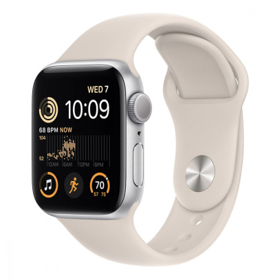 Apple Watch SE (2022), 40 мм корпус из алюминия цвета «Silver», ремешок Sport Band размера M/L цвета «Starlight»