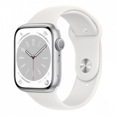 Apple Watch Series 8, 45 мм корпус из алюминия цвета «Silver», ремешок Sport Band размера S/M цвета «White»