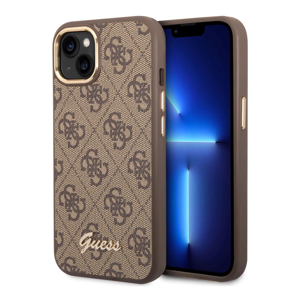 Чехол Guess для iPhone 14 CG Mobile PU 4G Script metal logo Hard (GUHCP14SHG4SHW) Коричневый