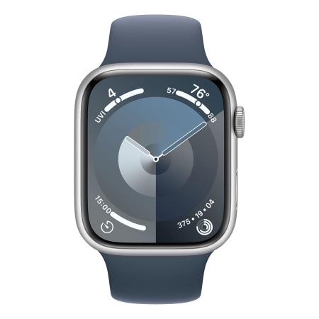 Apple Watch Series 9, 45 мм корпус из алюминия цвета «Silver», ремешок Sport Band размера S/M цвета «Storm Blue»