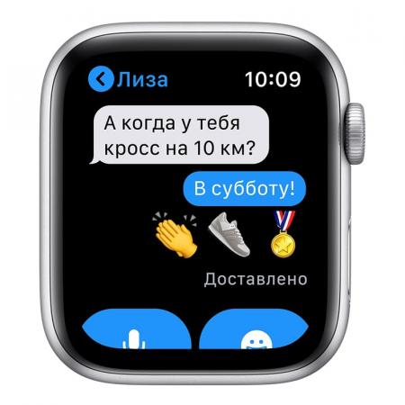 Apple Watch Nike SE (2020), 44 мм корпус из алюминия серебристого цвета, спортивный ремешок Nike цвета «чистая платина/чёрный»