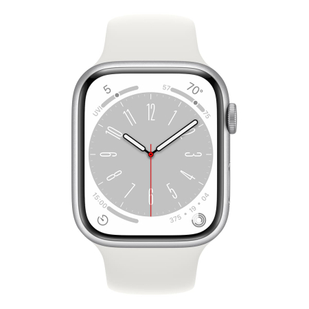 Apple Watch Series 8, 45 мм корпус из алюминия цвета «Silver», ремешок Sport Band размера M/L цвета «White»