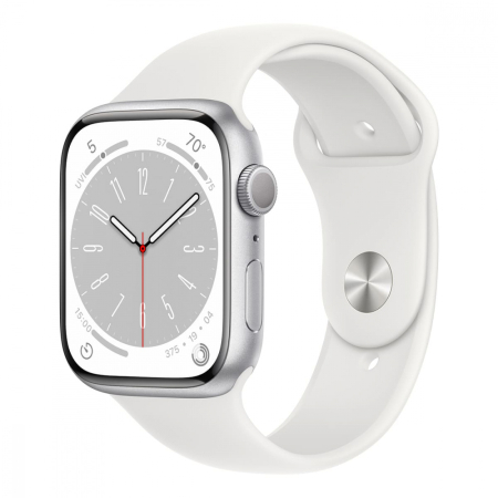 Apple Watch Series 8, 45 мм корпус из алюминия цвета «Silver», ремешок Sport Band размера M/L цвета «White»